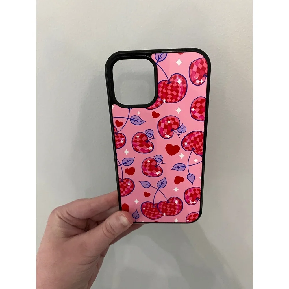 iPhone 12 12 Pro Case Pink Red Checkered Cherry Heart Disco Ball Graphic Cover